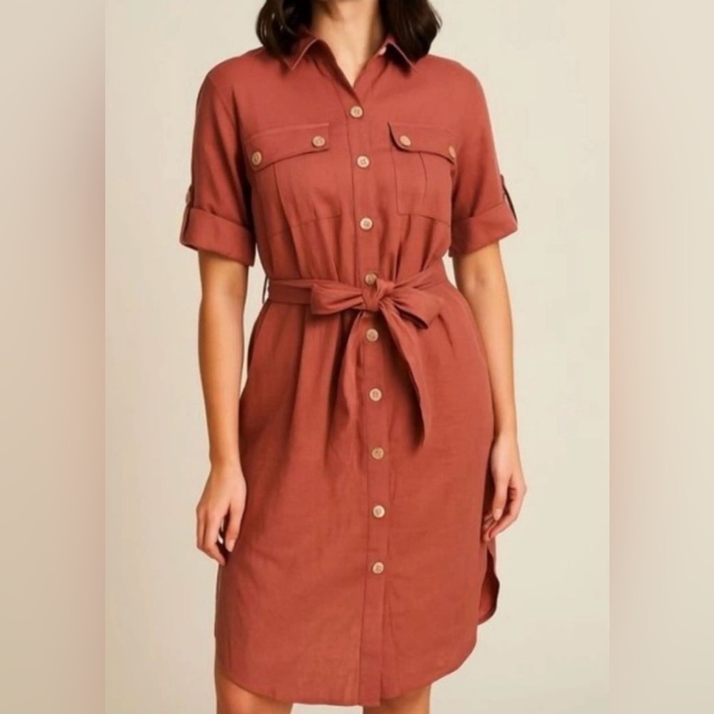 Soft Surroundings sort sleeve dress with front buttons and tie belt size S